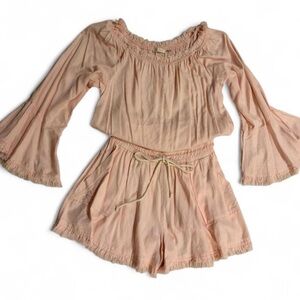 Ramy Brook Peach Pink Off-Shoulder Romper with Drawstring Waist